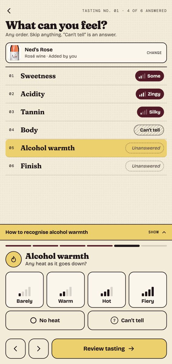 Recording a wine's six sensations with contextual guidance