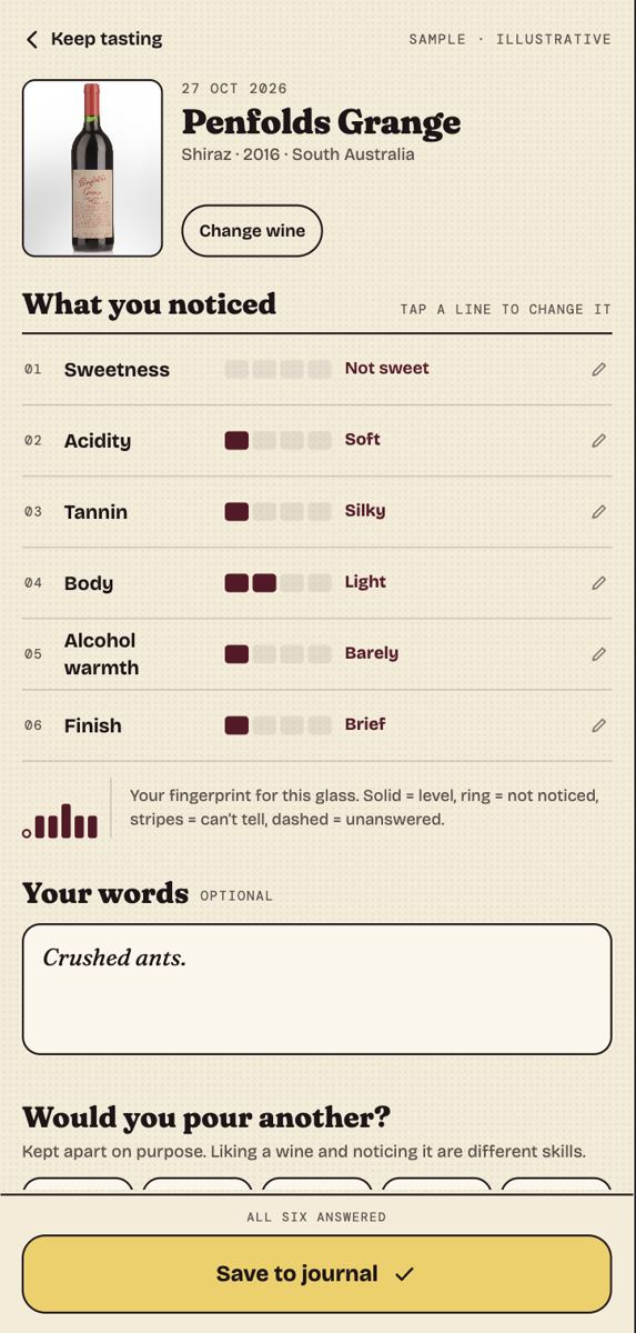 Tasting summary with sensory observations saved to the Cellar Book