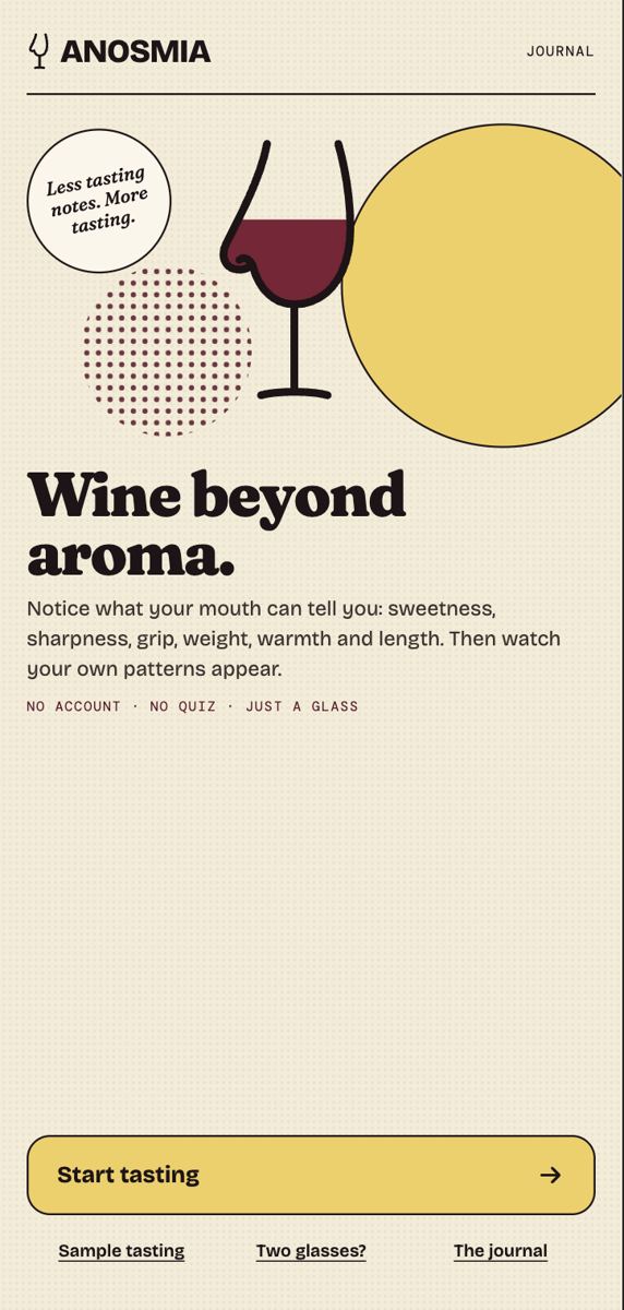 Anosmia welcome screen, introducing wine beyond aroma