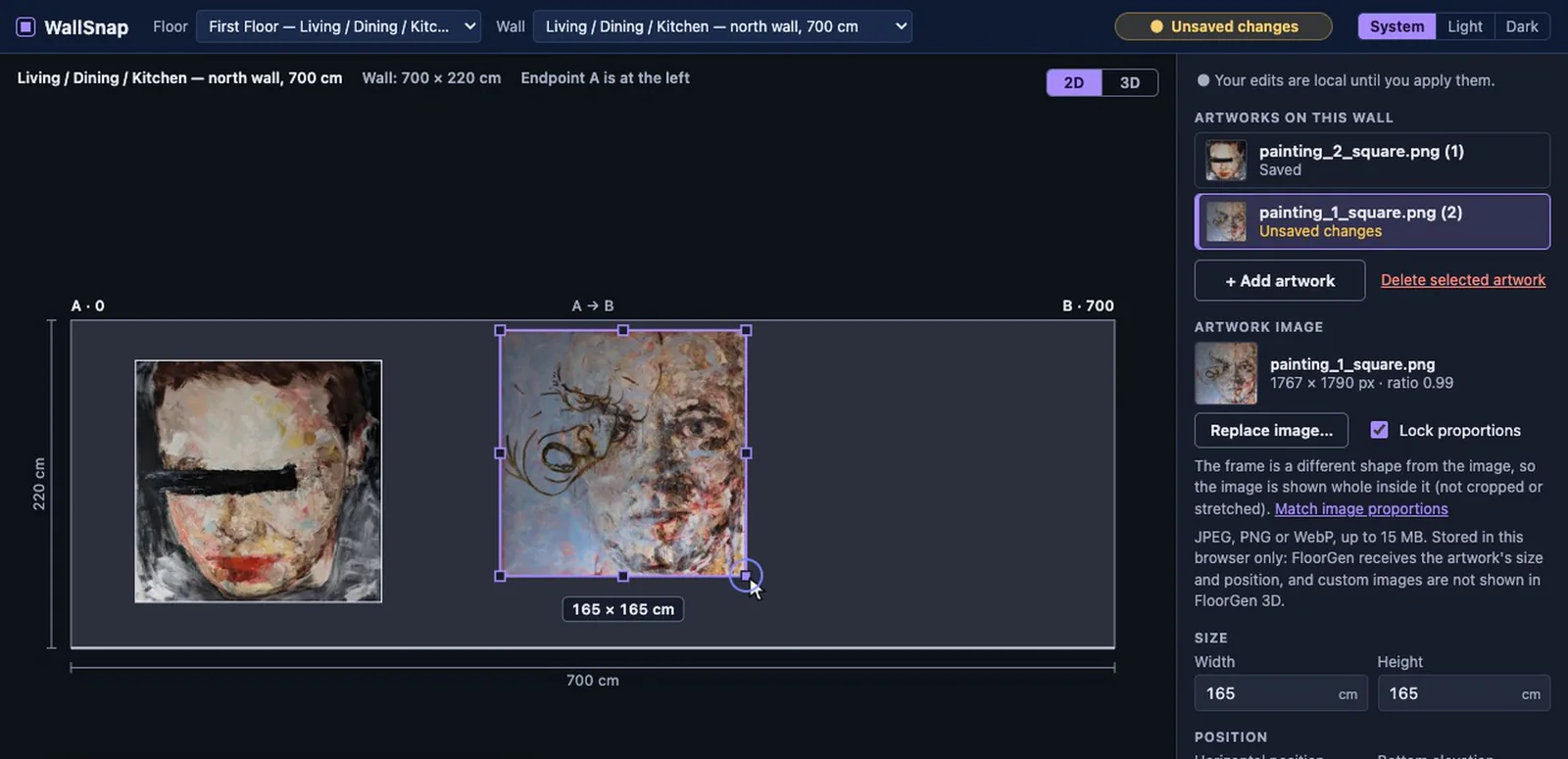 WallSnap's 2D editor: a 700 cm wall with two paintings, one selected with its resize handles