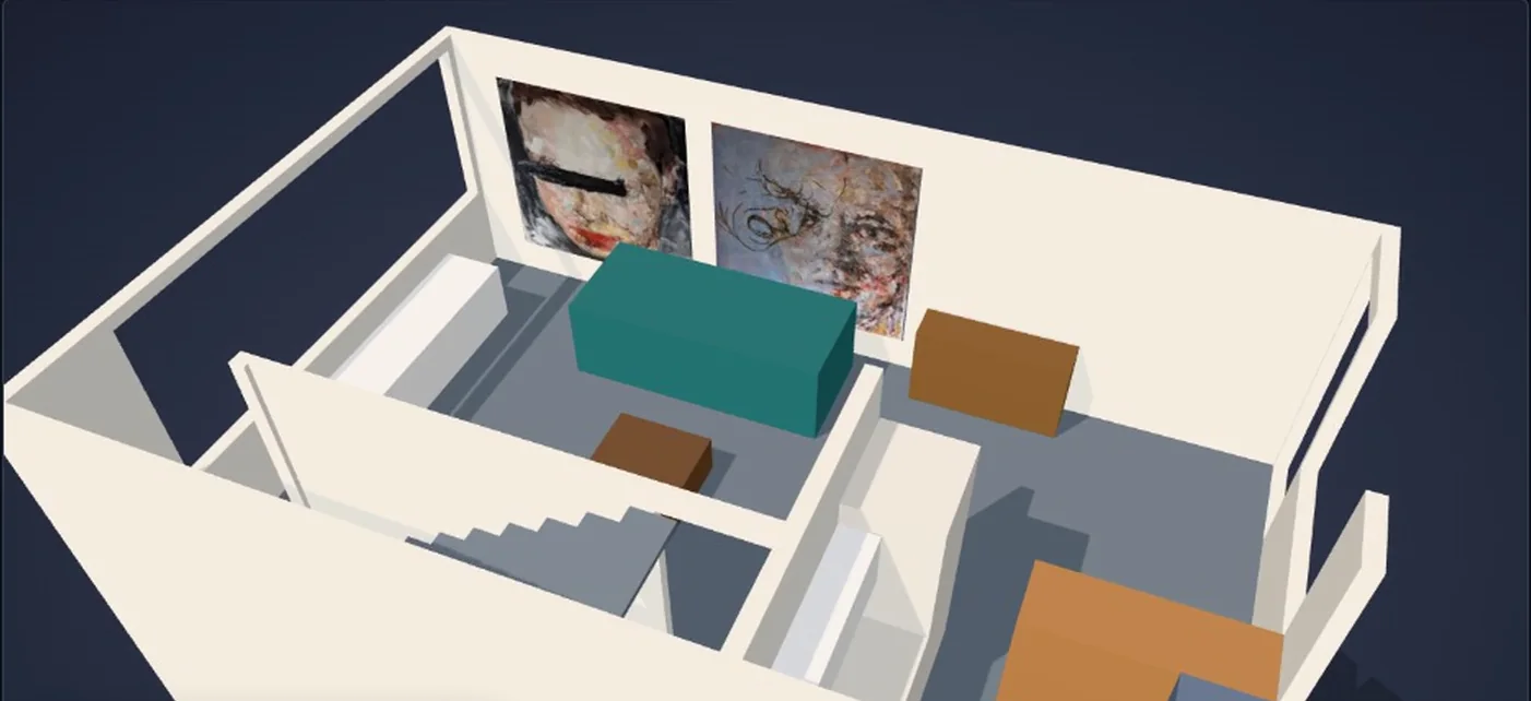 WallSnap's 3D preview: the furnished living room with two paintings above the sofa