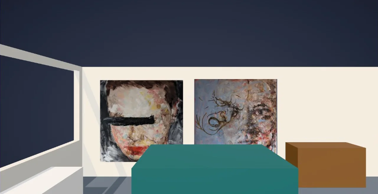 WallSnap Walk mode: an eye-level view of two paintings above the sofa