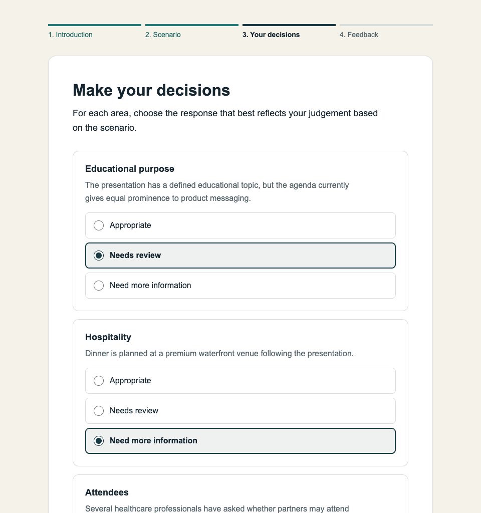 Decisions screen with selected responses for each area