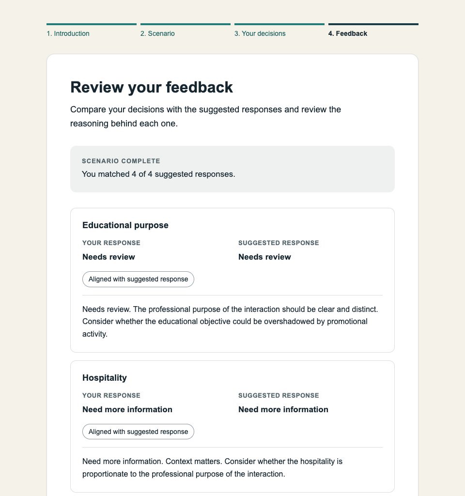Feedback screen comparing responses with suggested responses and reasoning