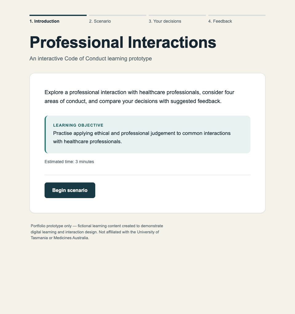 Intro screen with the learning objective and Begin scenario button