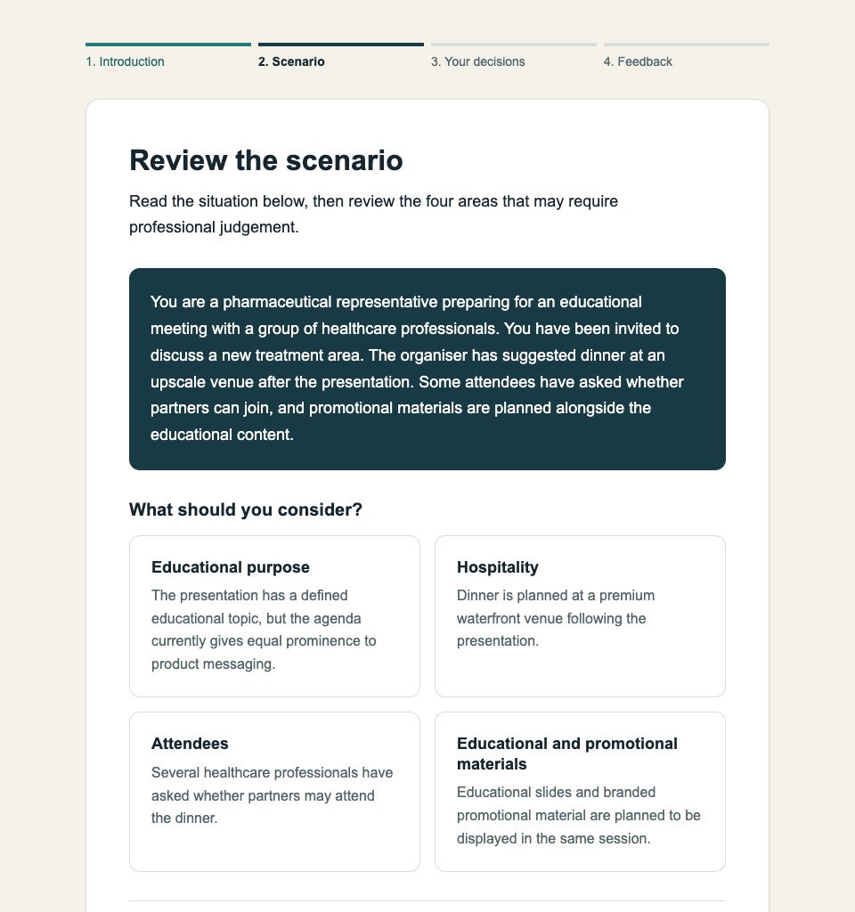 Scenario screen with the scenario panel and four review areas