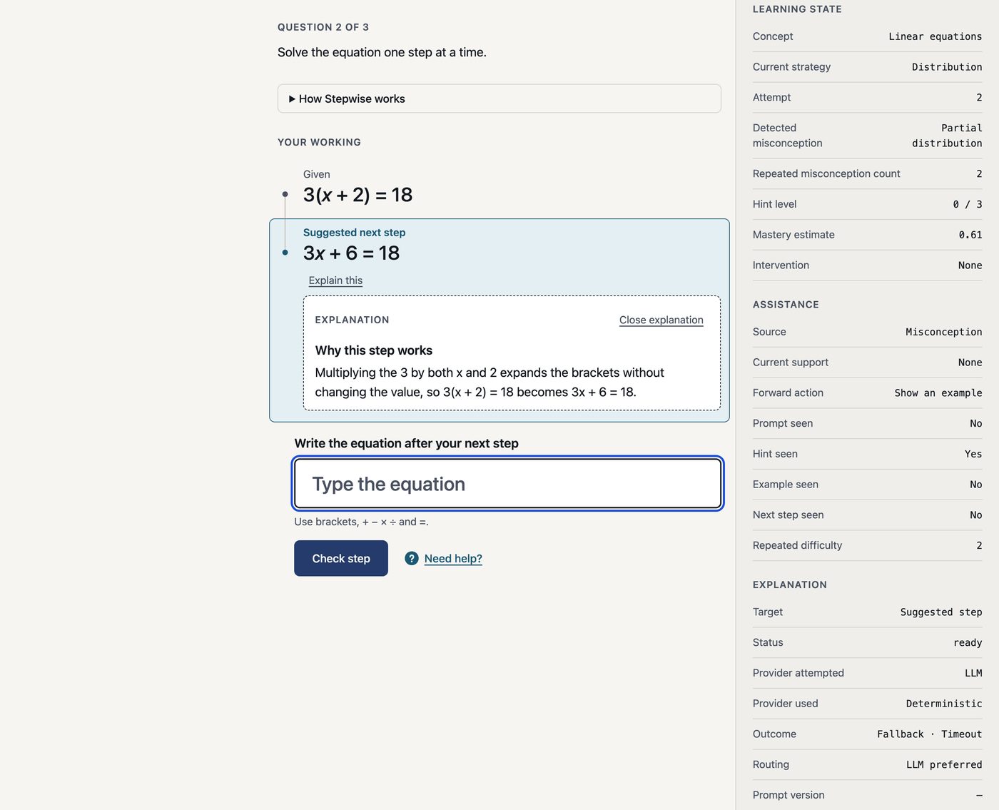 Stepwise with the developer inspector open, showing assistance, explanation provider, routing and a timeout fallback to the deterministic provider