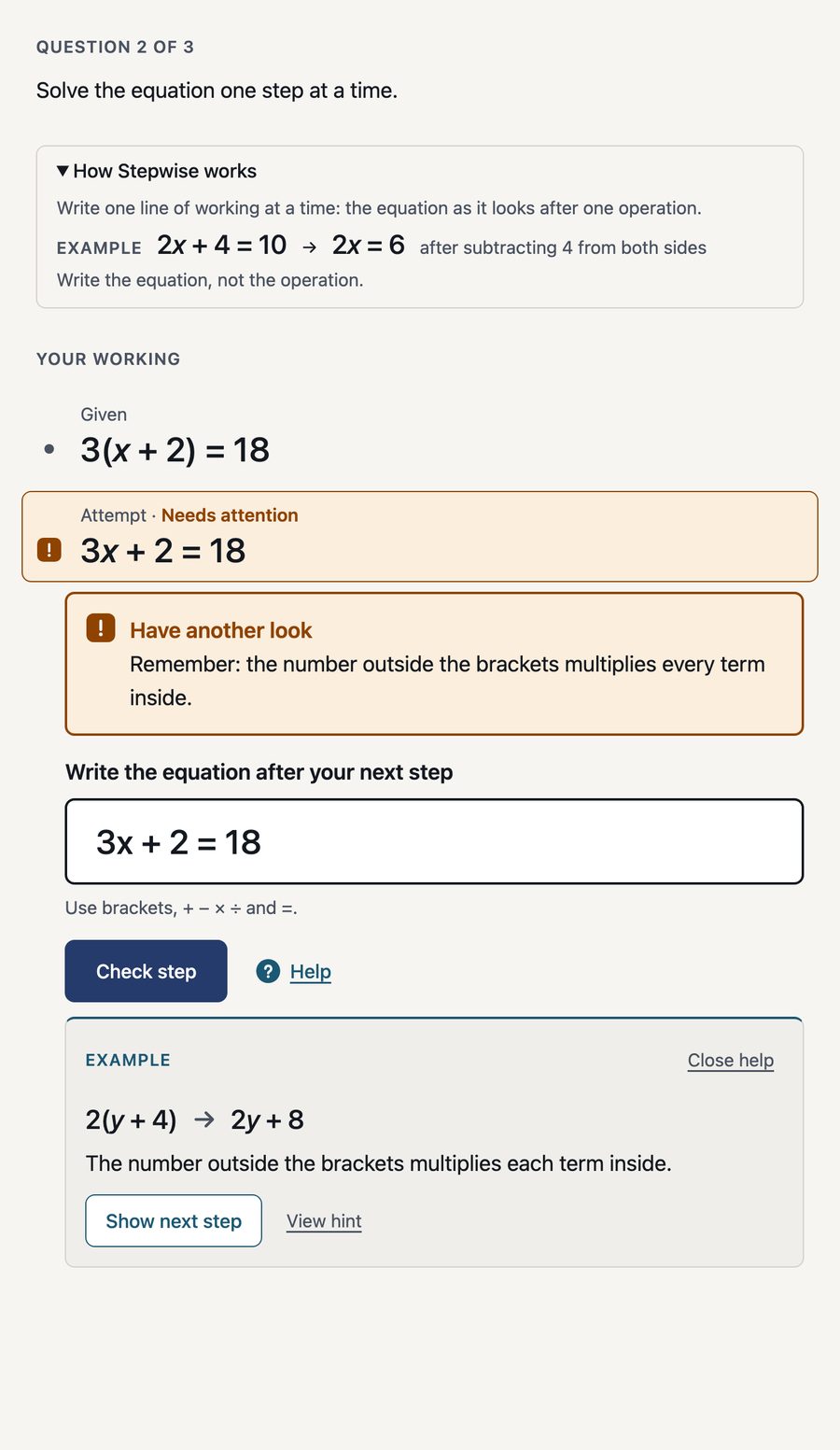 Stepwise showing the given equation, a rejected attempt marked Needs attention with feedback, the input, and an open help surface containing a worked example