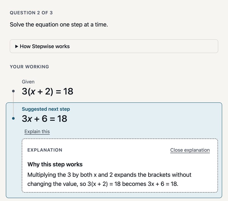 A suggested next step in the working with an open Explain this surface giving a short explanation of why the step works