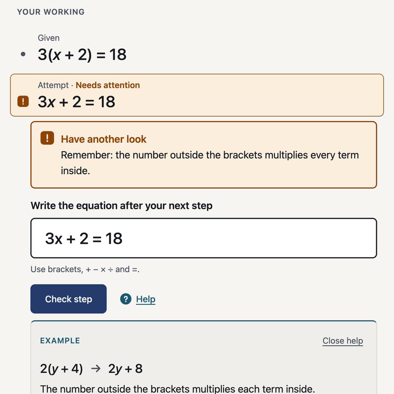 Stepwise — maths working with a rejected attempt, feedback and a contextual Help surface