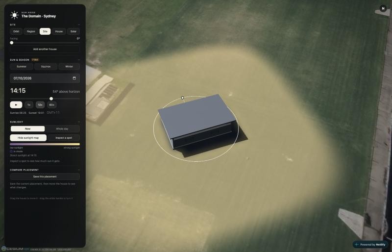 Now mode: the sunlight map at 14:15 with the building's shadow across the site