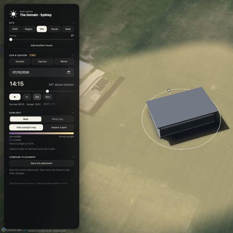 Sun Arise — a building on real terrain with its shadow and a sunlight map across the site
