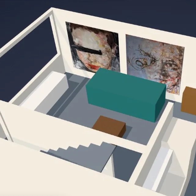 WallSnap — two paintings placed to scale above the sofa in a furnished FloorGen living room